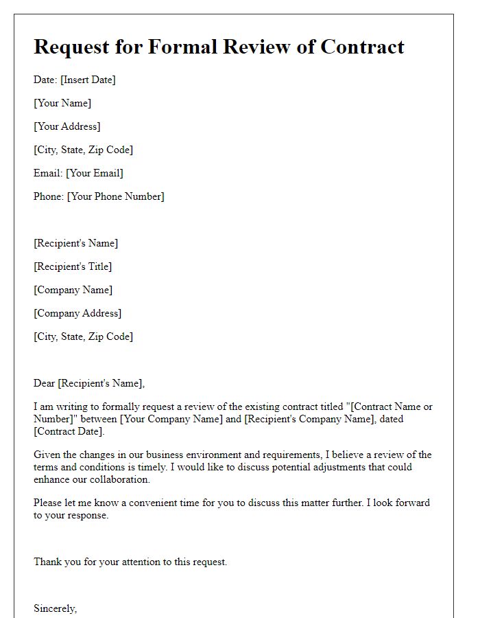 Letter template of request for a formal review of existing contract