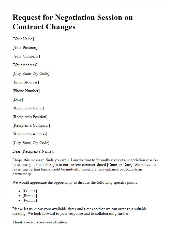 Letter template of request for a negotiation session on contract changes