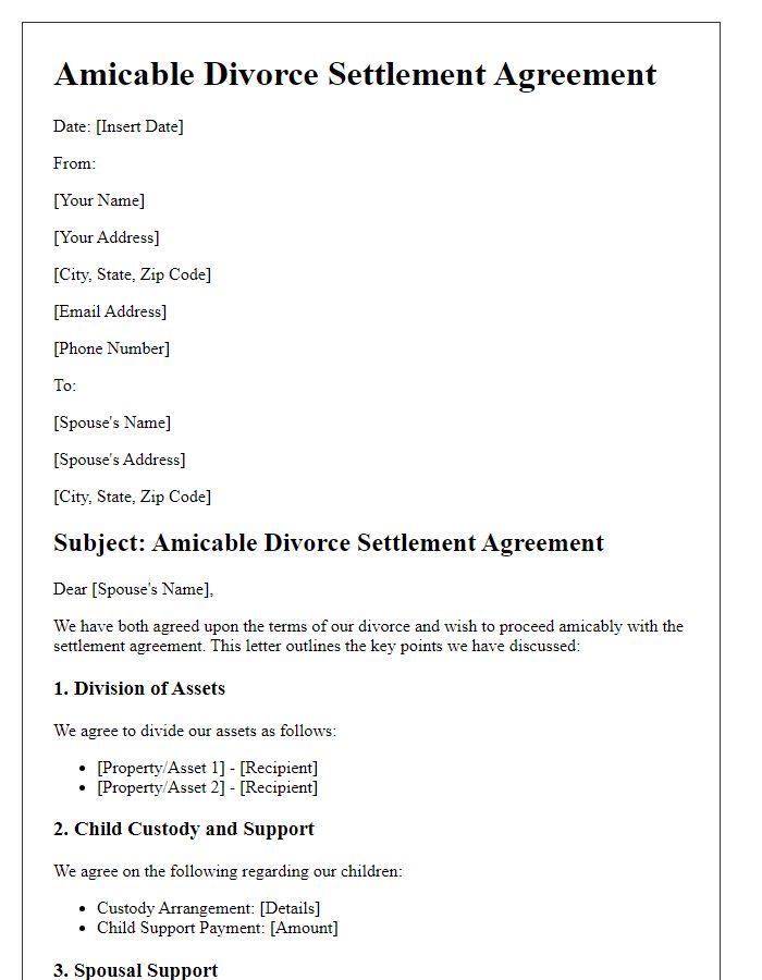 Letter template of amicable divorce settlement agreement