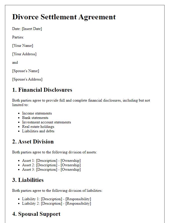 Letter template of divorce settlement agreement with financial disclosures