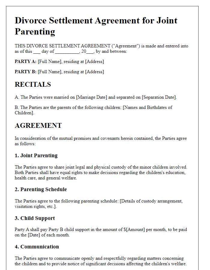 Letter template of divorce settlement agreement for joint parenting