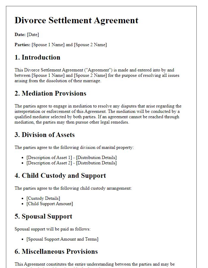 Letter template of divorce settlement agreement with mediation provisions