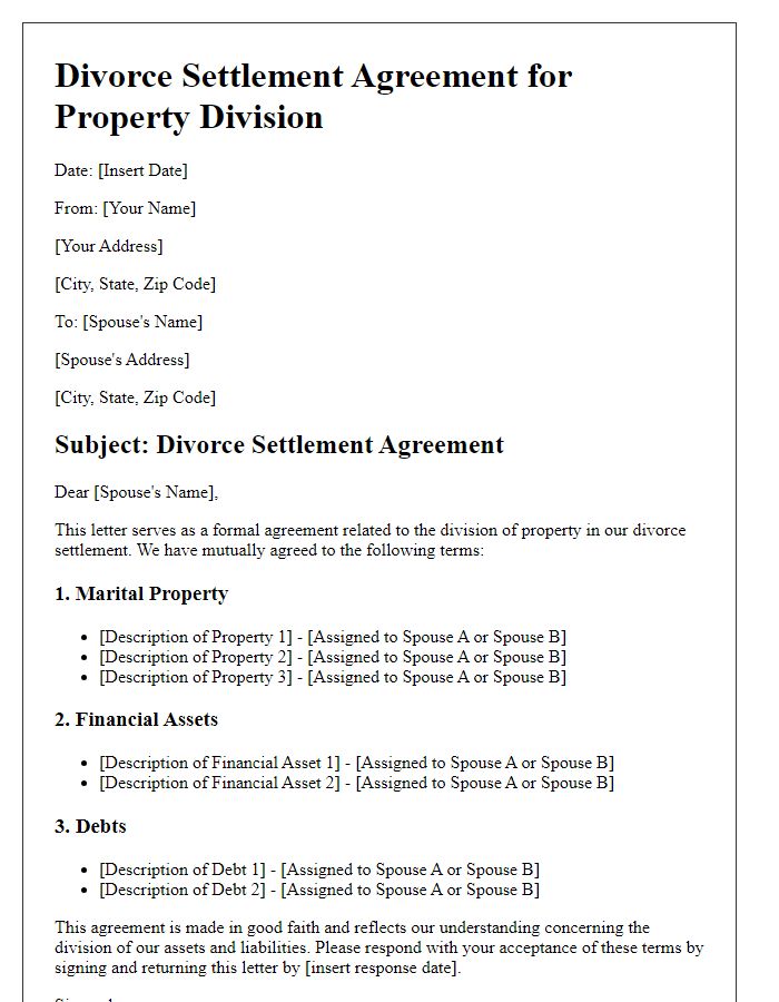 Letter template of divorce settlement agreement for property division