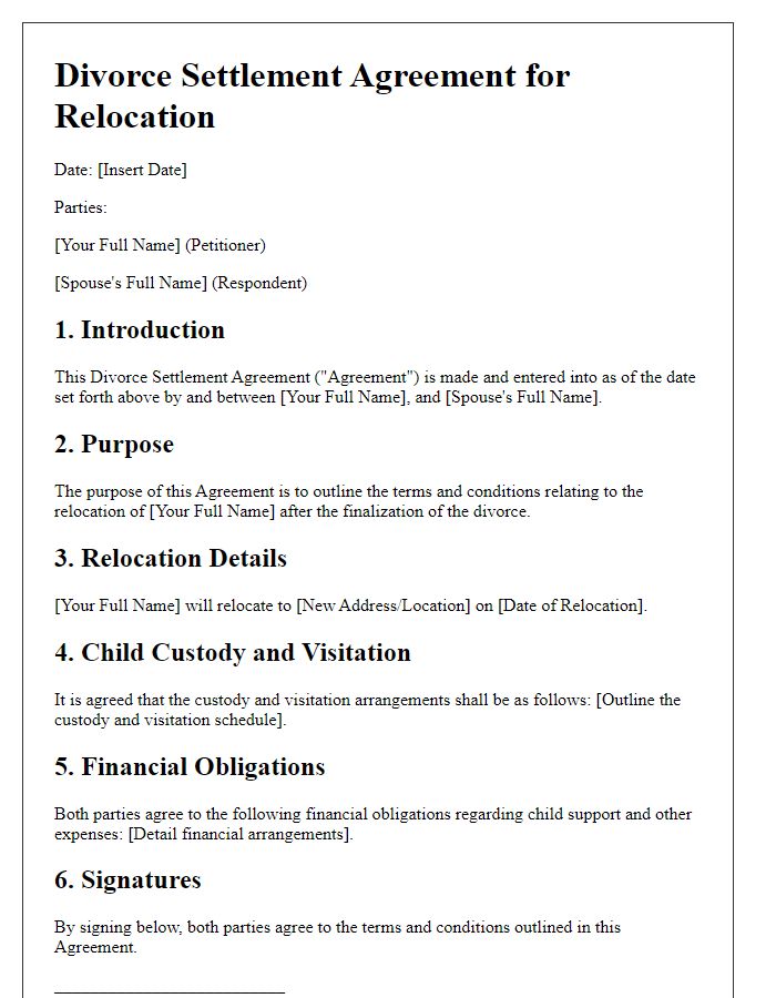 Letter template of divorce settlement agreement for relocation