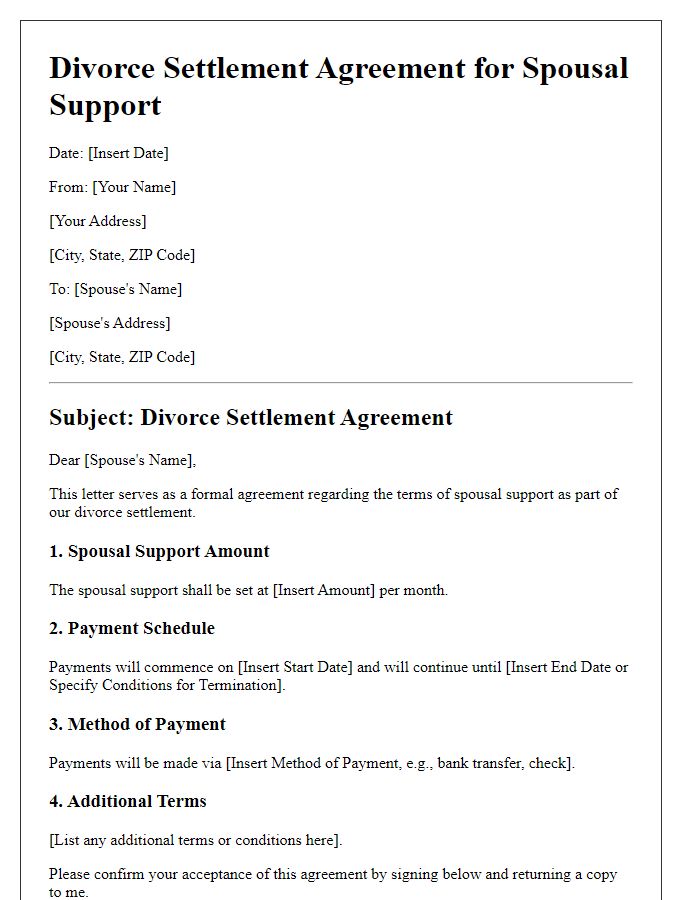 Letter template of divorce settlement agreement for spousal support