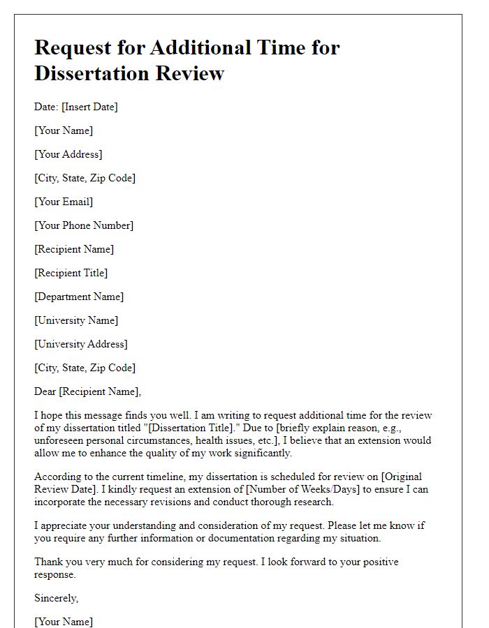 Letter template of solicitation for additional time for dissertation review