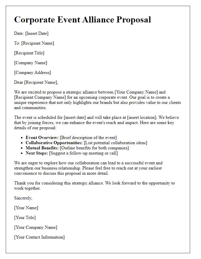 Letter template of corporate event alliance proposal for businesses.