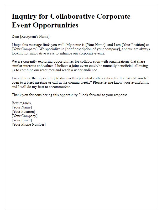 Letter template of inquiry for collaborative corporate event opportunities.