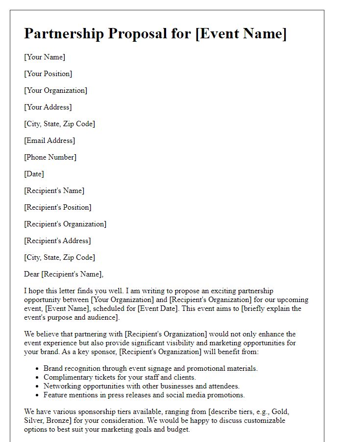 Letter template of partnership proposal for corporate event sponsorship.