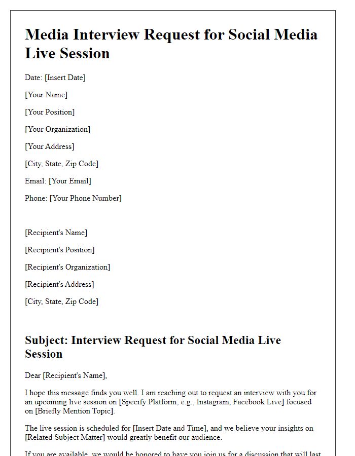 Letter template of media interview request for social media live session.