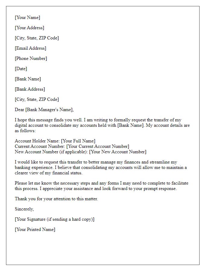 Letter template of request for digital account transfer to consolidate accounts.