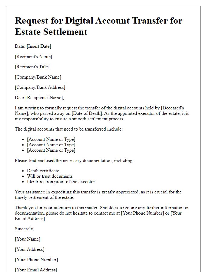 Letter template of request for digital account transfer for estate settlement.