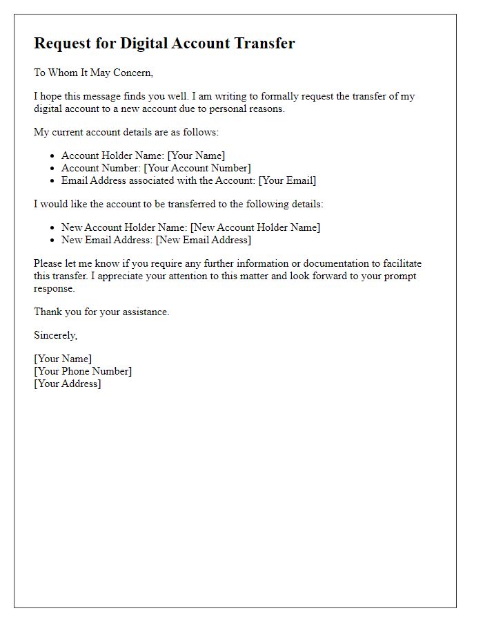 Letter template of request for digital account transfer for personal reasons.