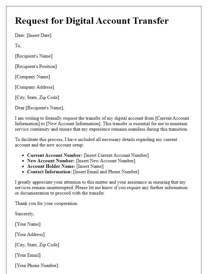 Letter template of request for digital account transfer while maintaining service continuity.