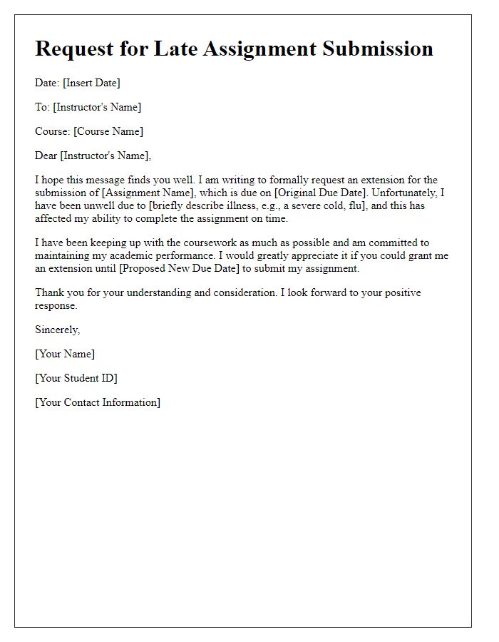 Letter template of request for late assignment submission due to illness