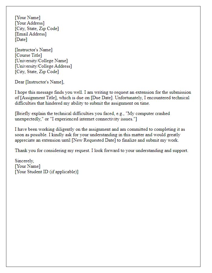 Letter template of request for late assignment submission due to technical difficulties