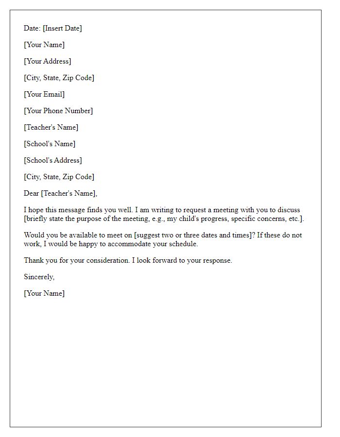 Letter template of request for a classroom meeting with the teacher.