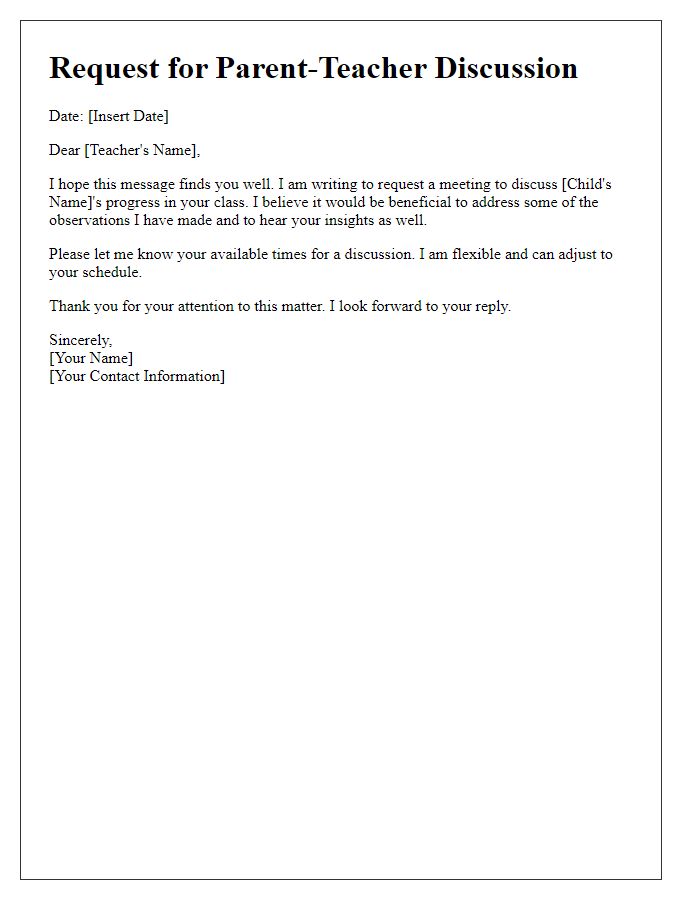 Letter template of request for a parent-teacher discussion.