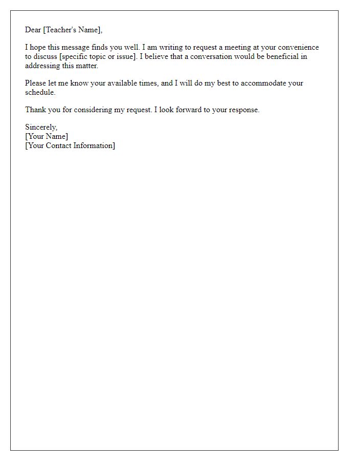 Letter template of request to schedule a meeting with the teacher.