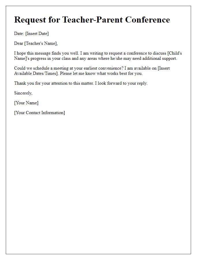 Letter template of request for a teacher-parent conference.