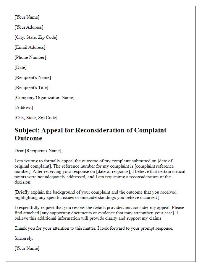 Letter template of appeal for reconsideration of complaint outcome