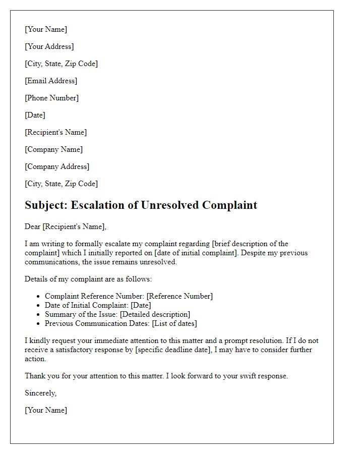 Letter template of escalation for unresolved complaint