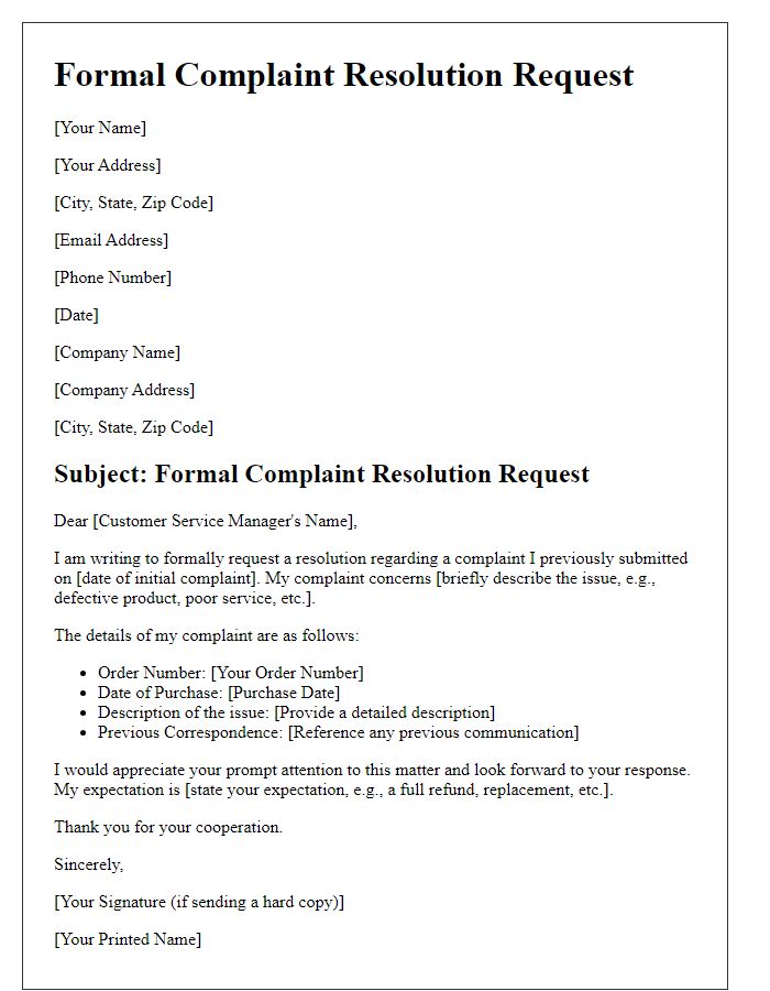 Letter template of formal customer complaint resolution request