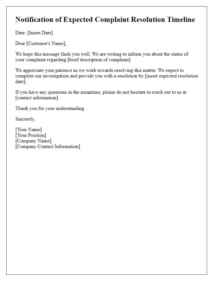 Letter template of notification for expected complaint resolution timeline