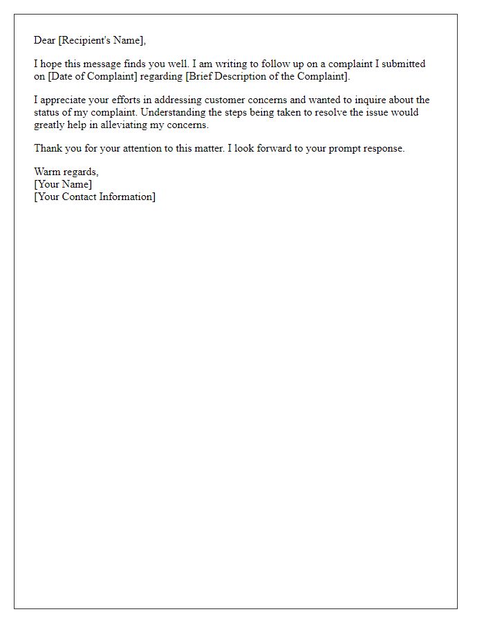 Letter template of polite inquiry regarding complaint handling