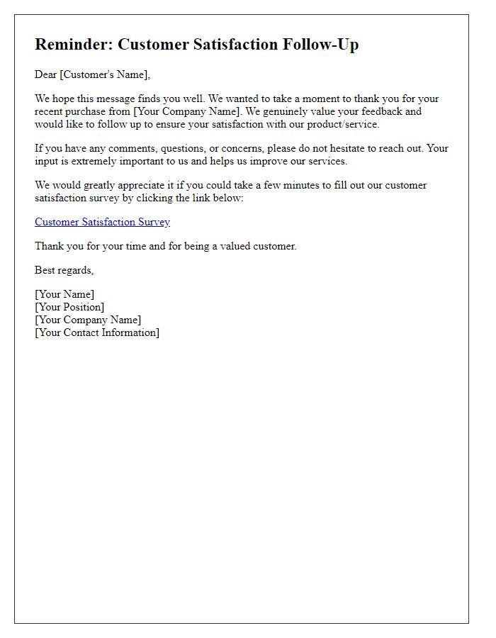 Letter template of reminder for customer satisfaction follow-up