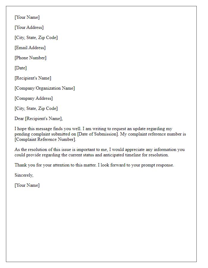 Letter template of request for update on pending complaint