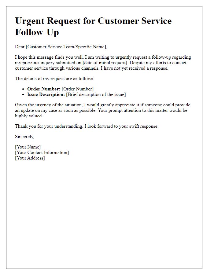 Letter template of urgent request for customer service follow-up