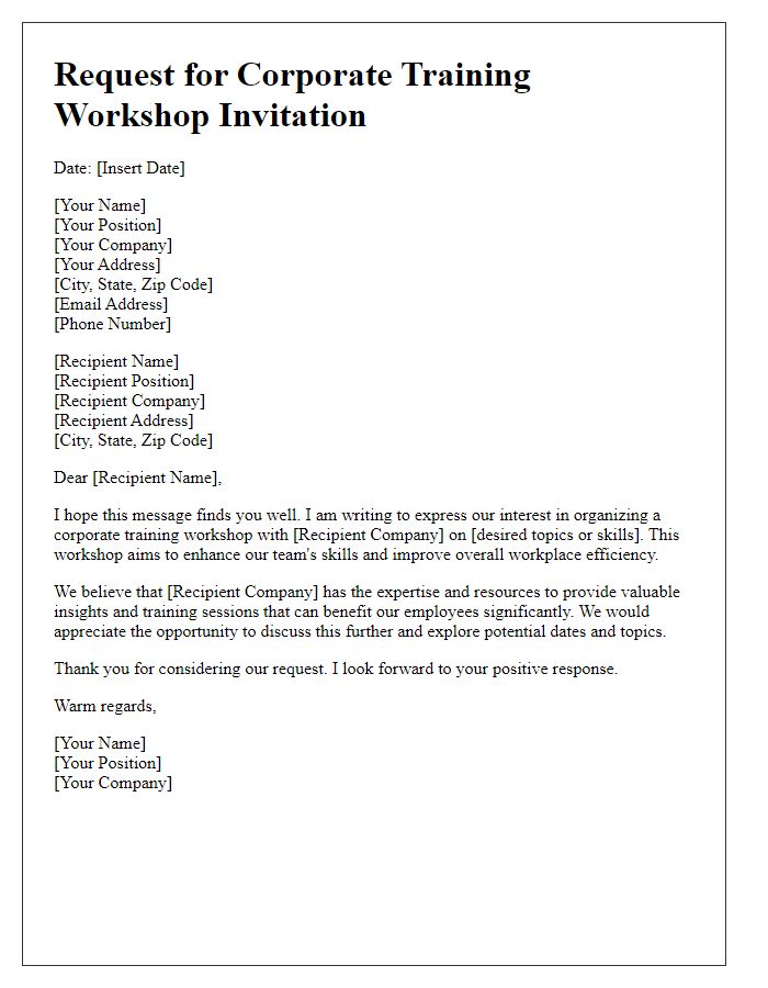 Letter template of request for a corporate training workshop invitation