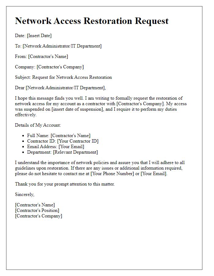 Letter template of network access restoration request for contractors.