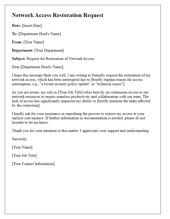 Letter template of network access restoration request for department heads.