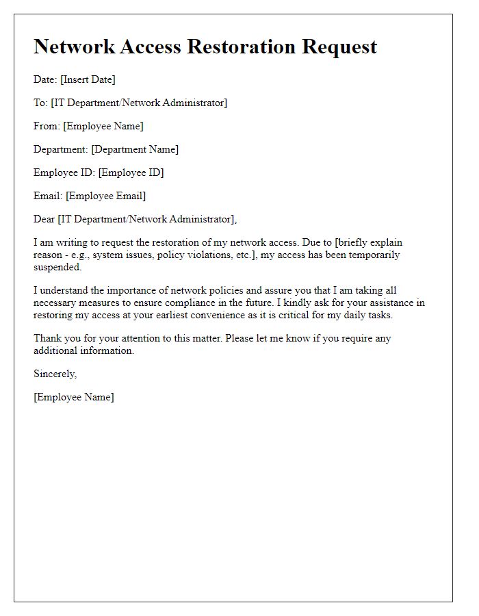 Letter template of network access restoration request for employees.