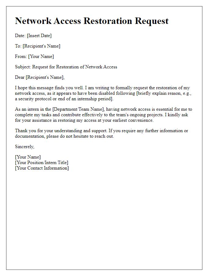 Letter template of network access restoration request for interns.