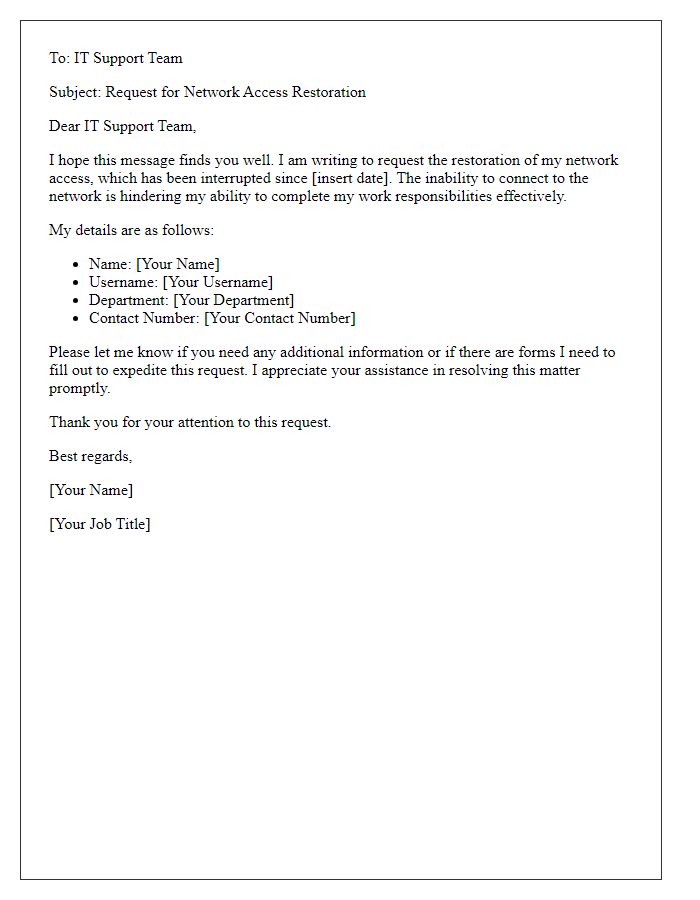 Letter template of network access restoration request for IT support.