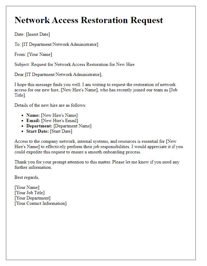 Letter template of network access restoration request for new hires.