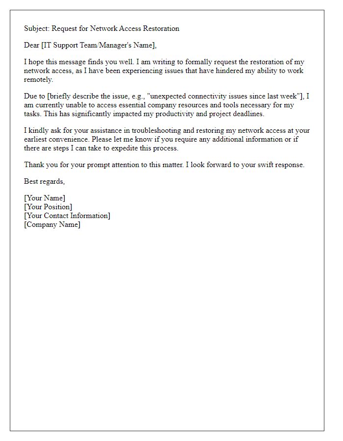 Letter template of network access restoration request for remote workers.