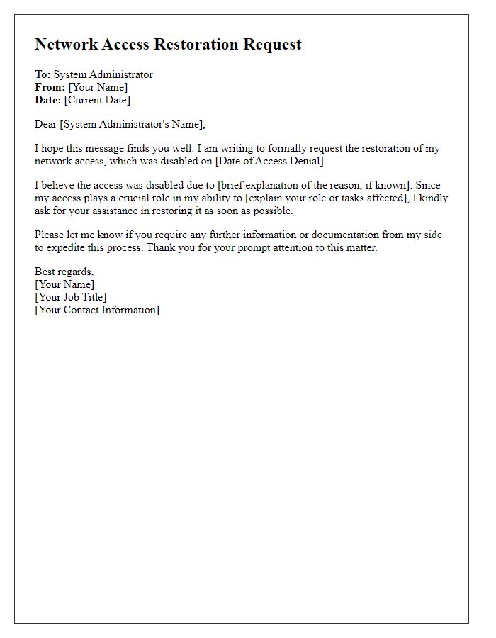 Letter template of network access restoration request for system administrators.