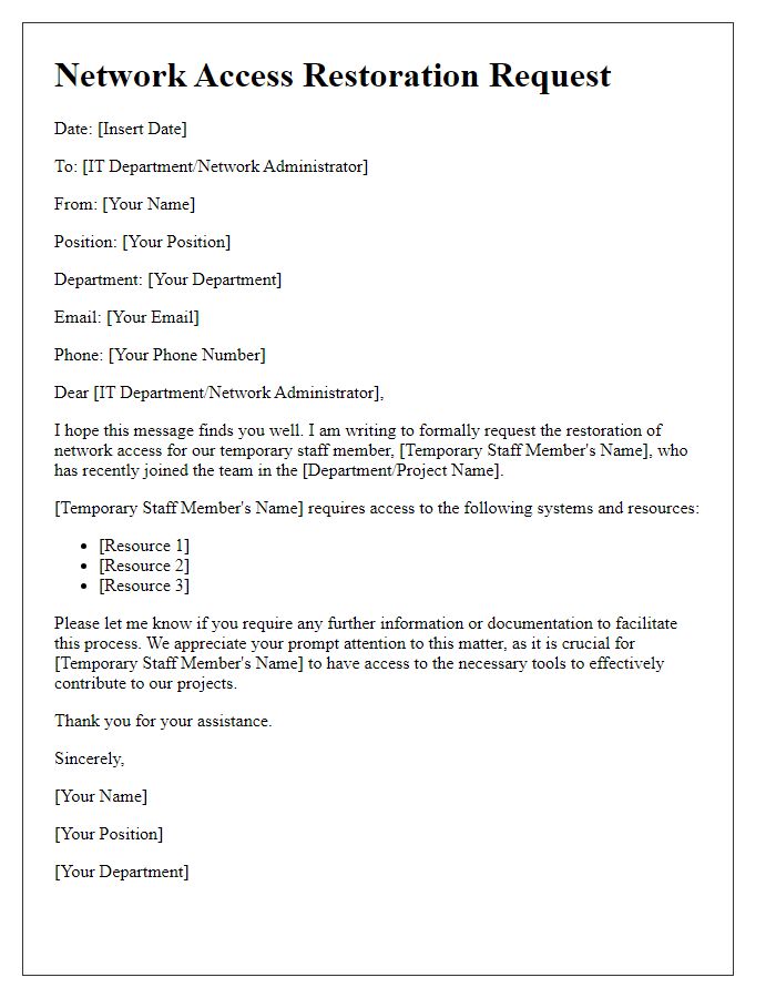 Letter template of network access restoration request for temporary staff.