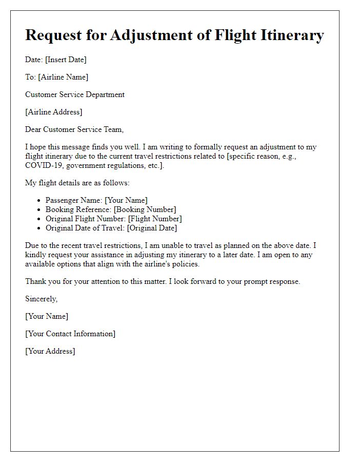 Letter template of request for adjustment of flight itinerary due to travel restrictions