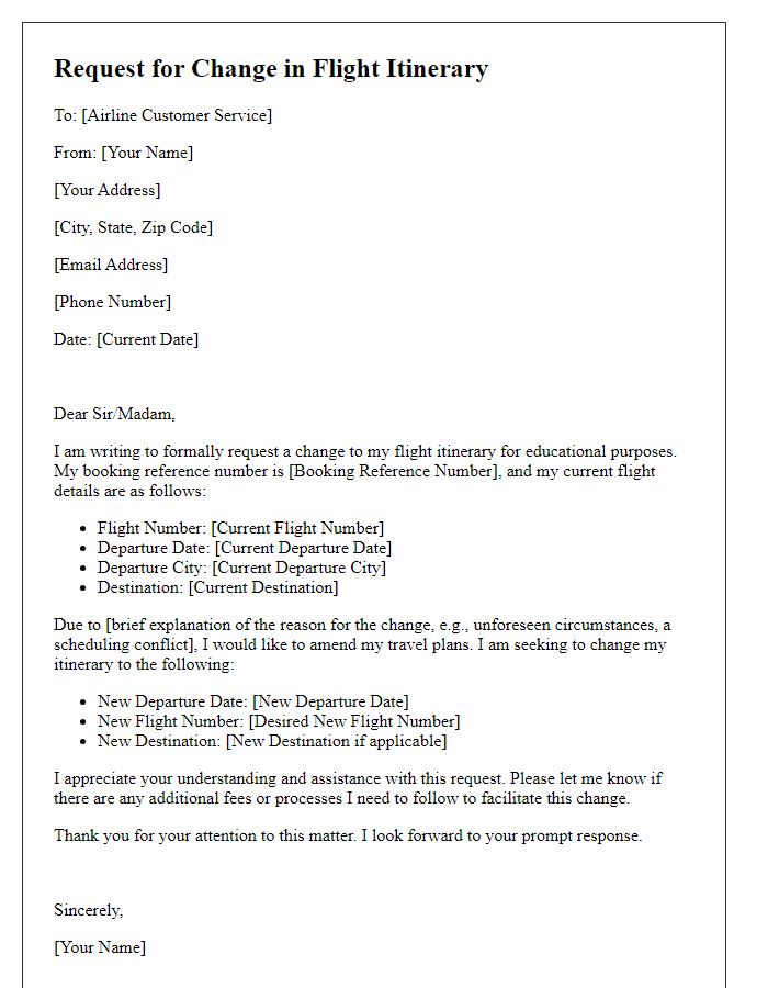 Letter template of request for change in flight itinerary for educational purposes