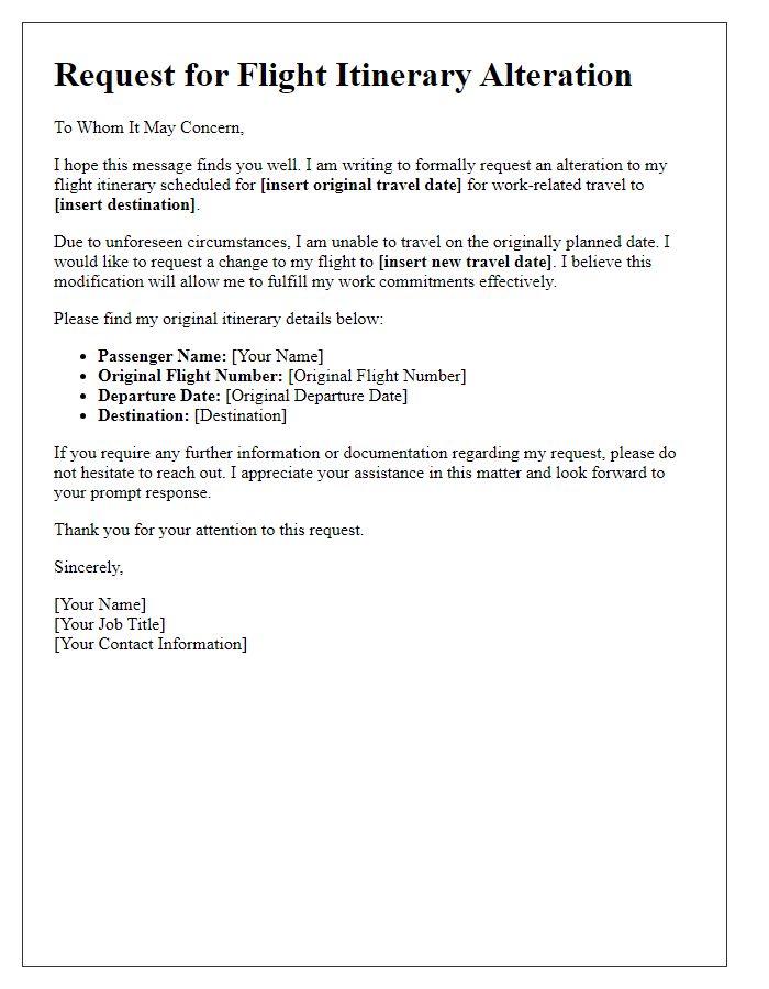 Letter template of request for flight itinerary alteration for work-related travel