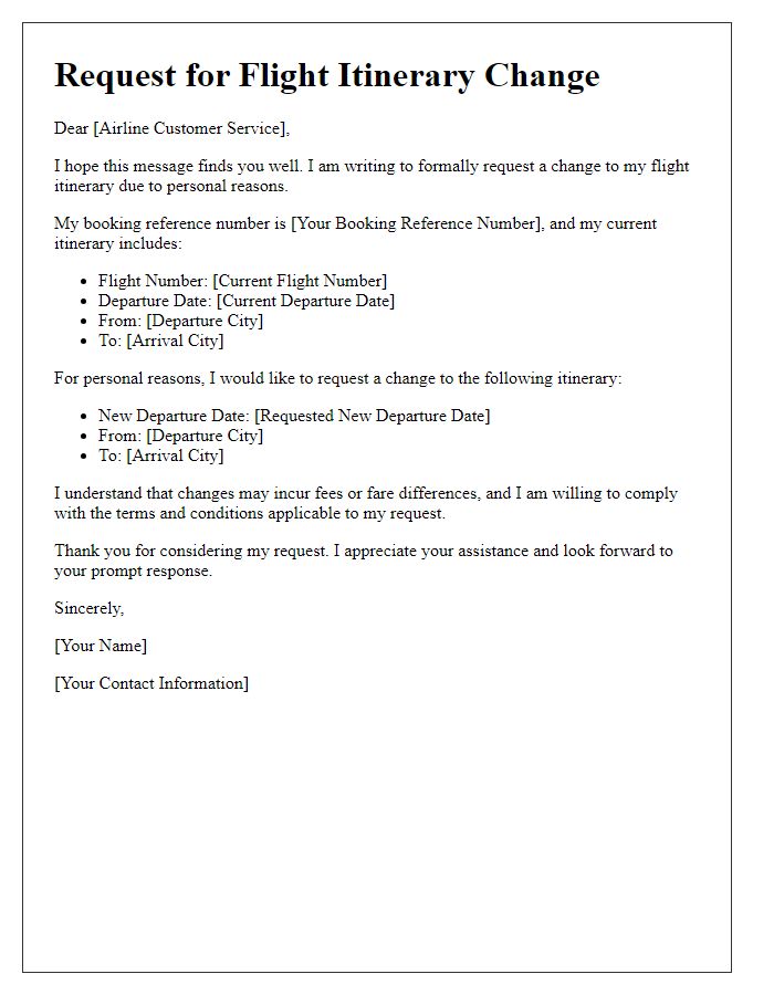 Letter template of request for flight itinerary change due to personal reasons