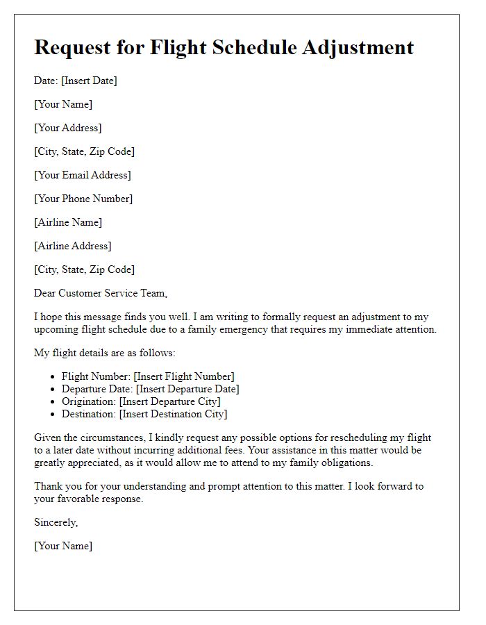 Letter template of request for flight schedule adjustment for family emergency