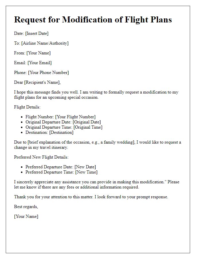 Letter template of request for modification of flight plans for special occasion