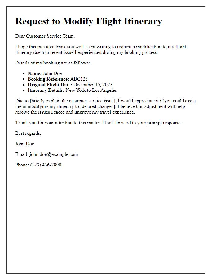 Letter template of request to modify flight itinerary for customer service issue