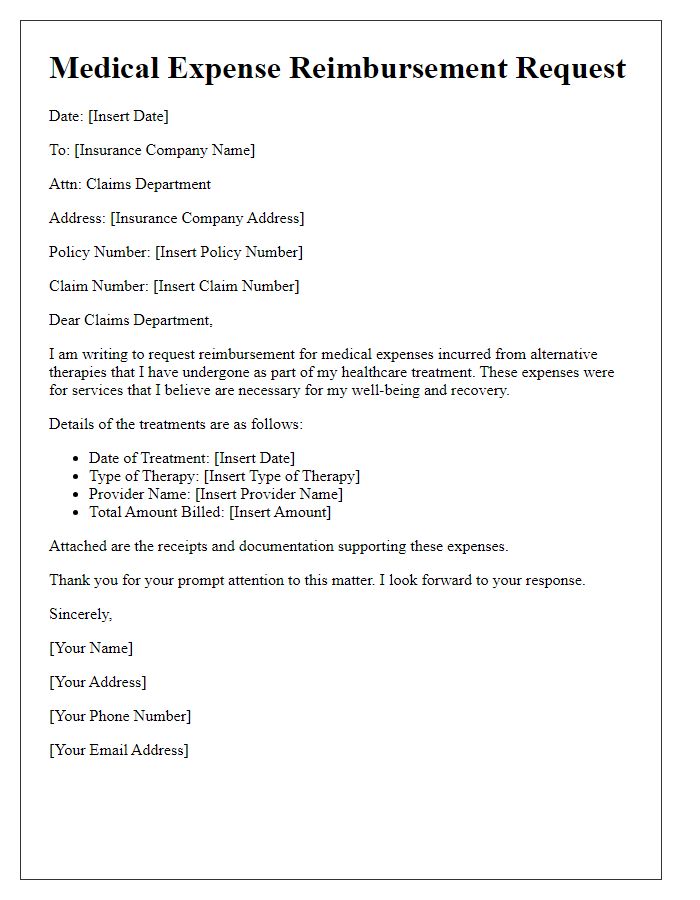 Letter template of medical expense reimbursement for alternative therapies.